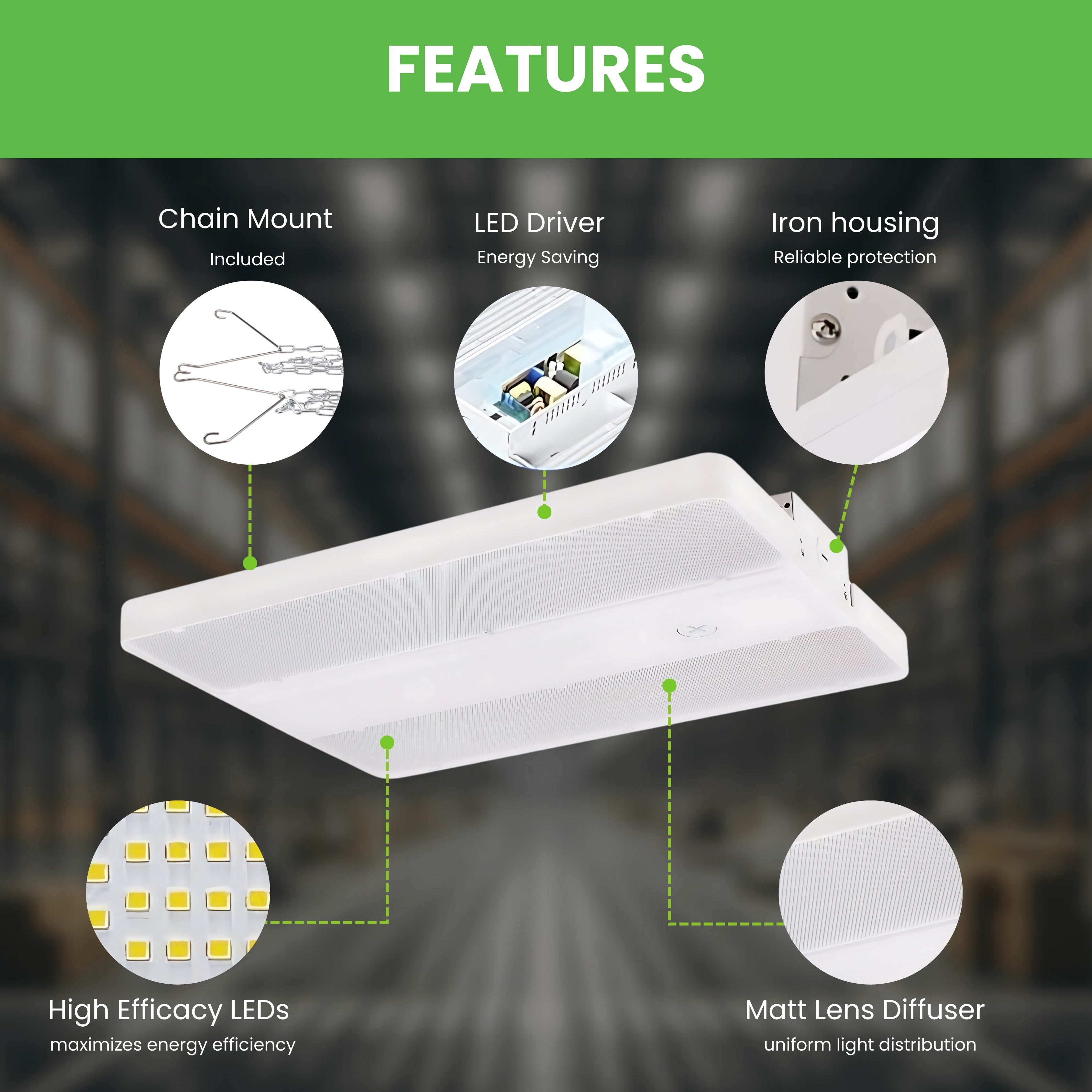 LED Linear High Bay - 110W - LB2 - Frosted Lens - 1.2ft - Chain Mount - (UL+DLC)