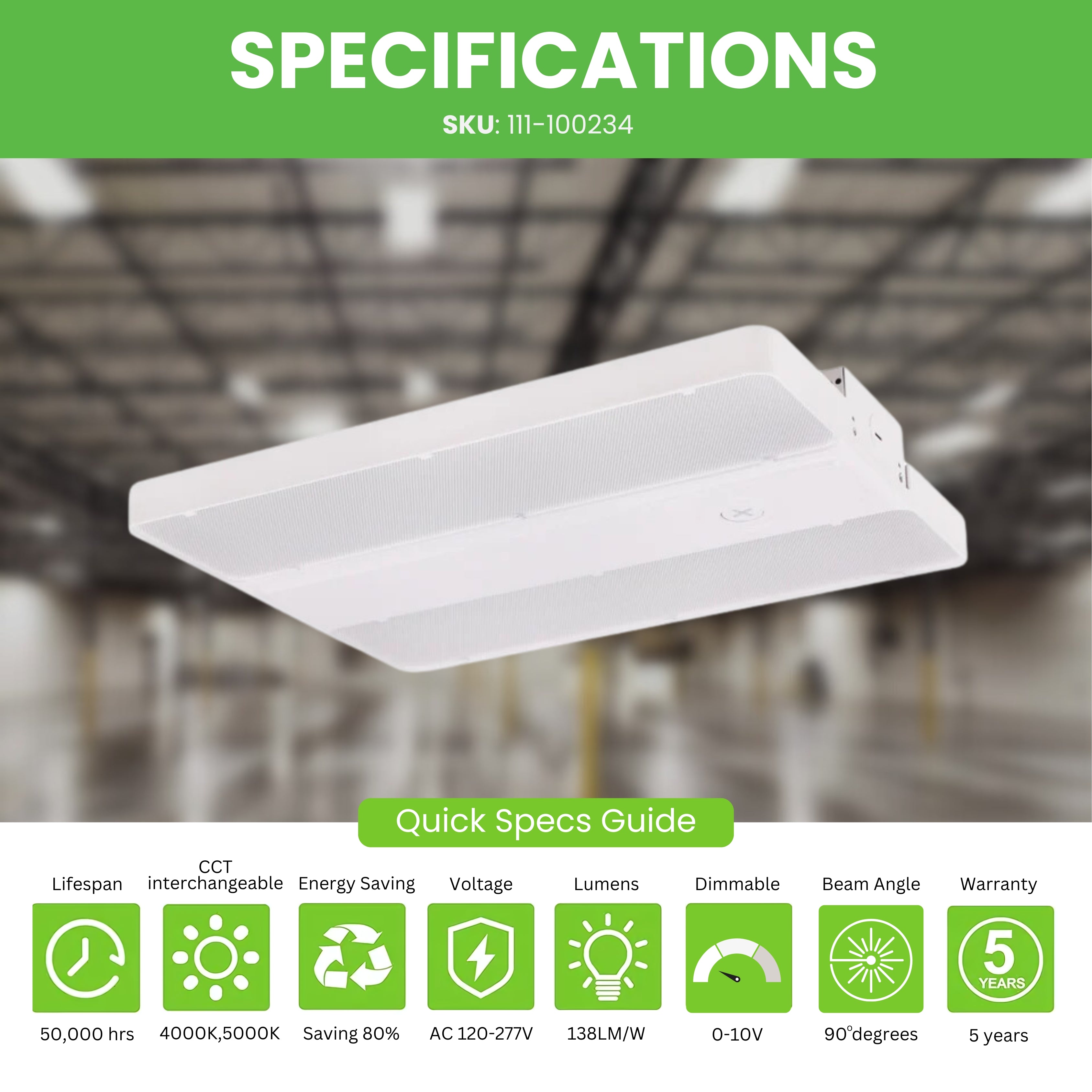 LED Linear High Bay - 110W - LB2 - CCT Tunable - 1.2ft - Chain Mount - (UL+DLC)