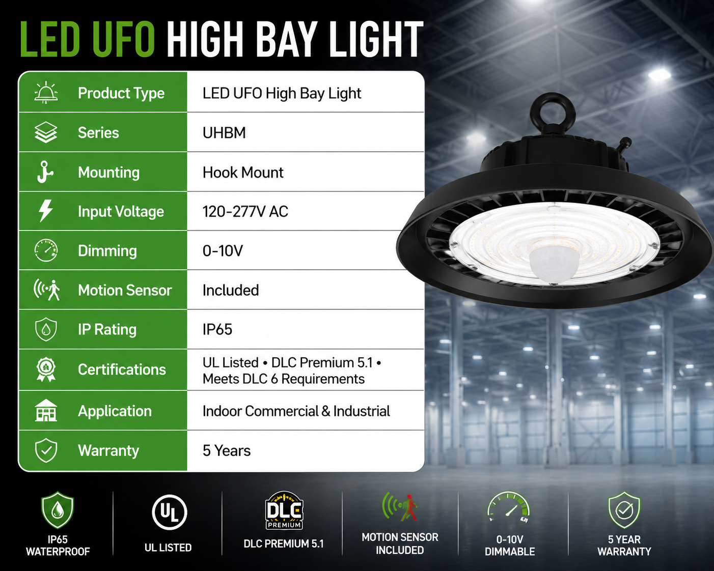 LED UFO High Bay Light specification chart showing hook mount, 120-277V AC input, 0-10V dimming, included motion sensor, IP65 rating, UL Listed, DLC Premium 5.1, indoor commercial and industrial application, and 5-year warranty.