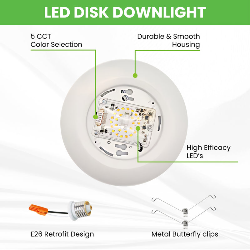 LED 6" Disk Light - 15W - 1100 LM - 24 Pack - Selectable 5 CCTs - Triac Dimming - ETL & ES