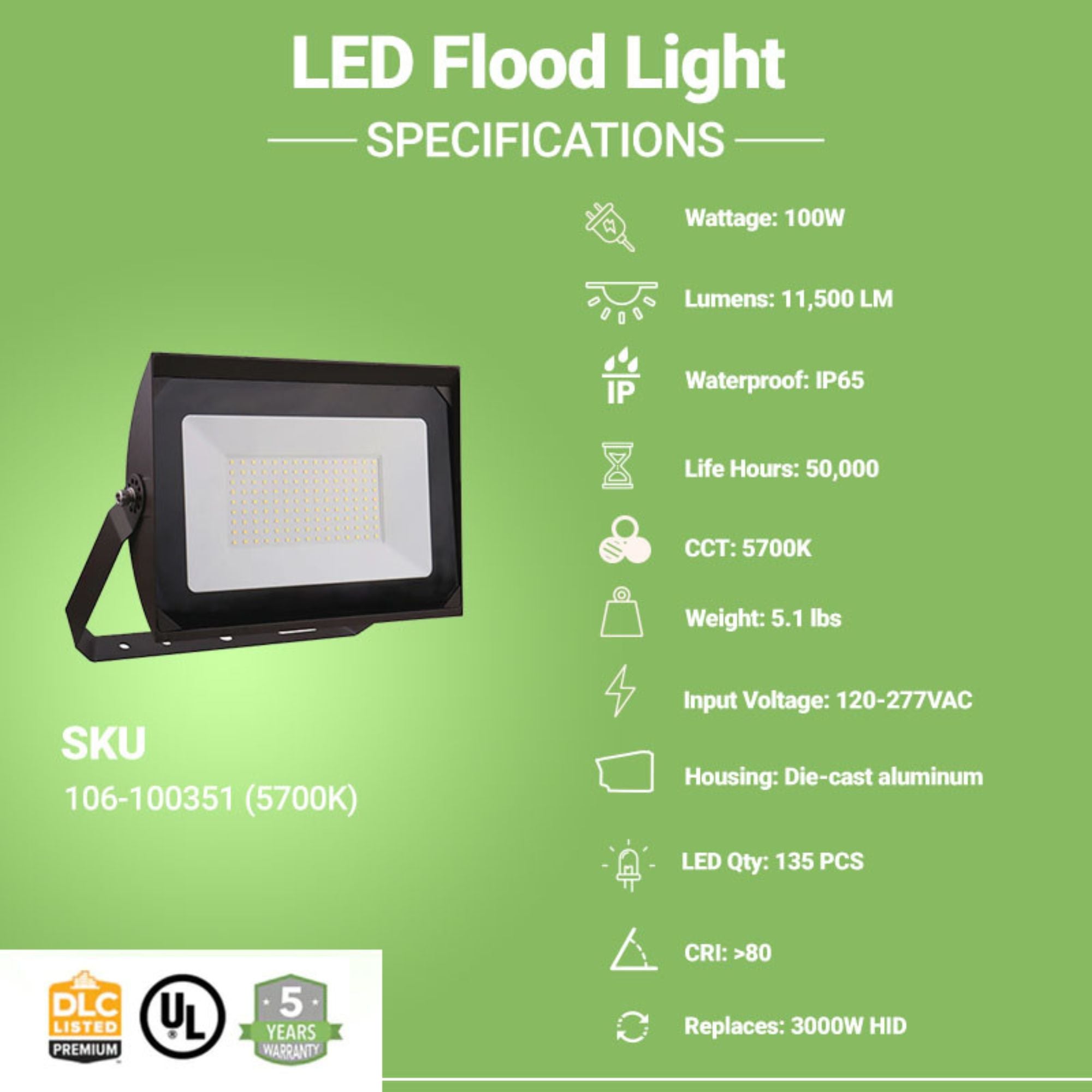 specifications of led flood light