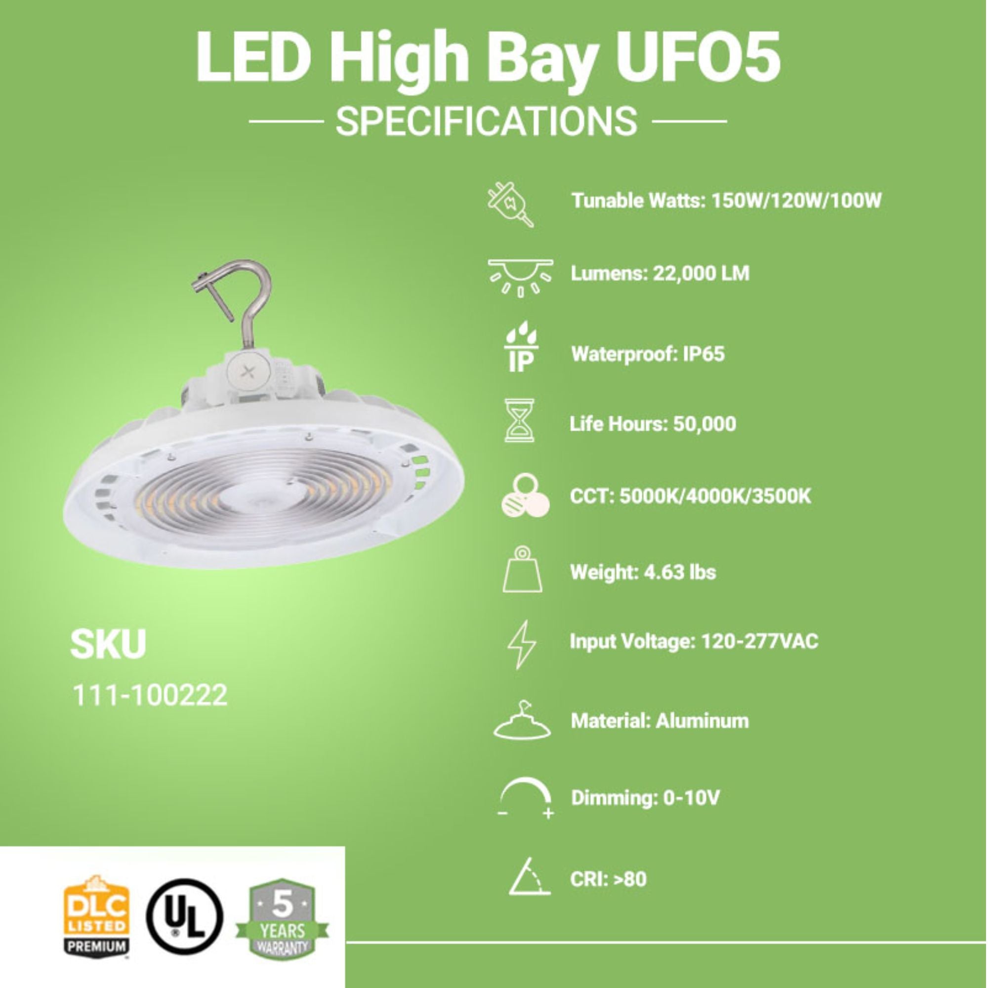 LED High Bay - 148 LM/W - Wattage Tunable (150W/120W/100W) - CCT Selectable (5000K/4000K/3500K) - UFO5 - Hook Mount - White - UL DLC 5.1