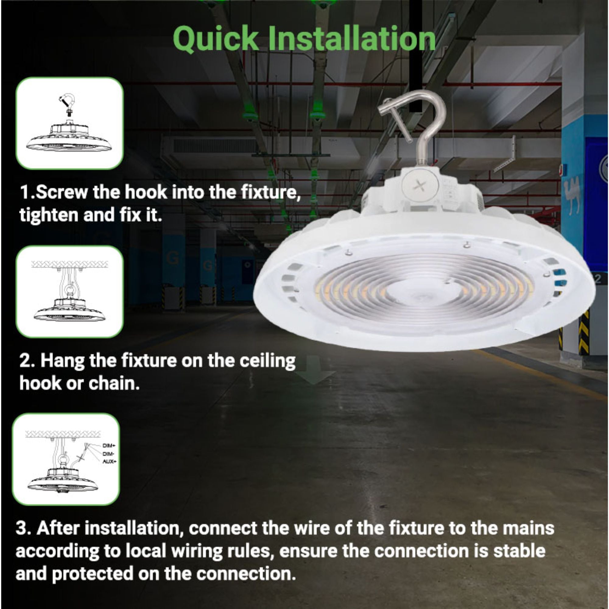 LED High Bay - 148 LM/W - Wattage Tunable (150W/120W/100W) - CCT Selectable (5000K/4000K/3500K) - UFO5 - Hook Mount - White - UL DLC 5.1