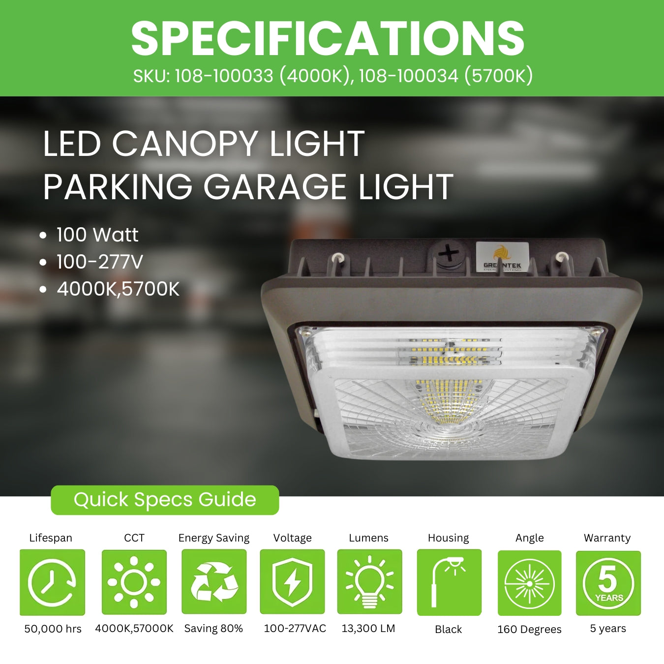 LED Canopy Light - 100W Outdoor Parking Garage Light - Brown - (UL+DLC Listed)