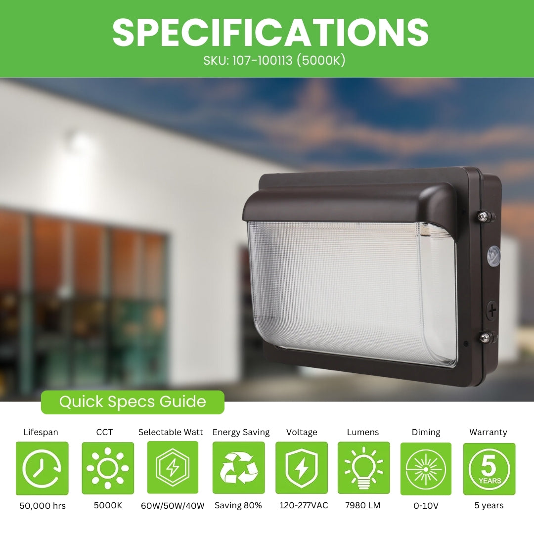 LED Slim Wall Pack Light - 133 LM/W - Wattage Tunable - 60W/50W/40W - Photocell Included - SLWP - Forward Throw - DLC 5.1 Listed