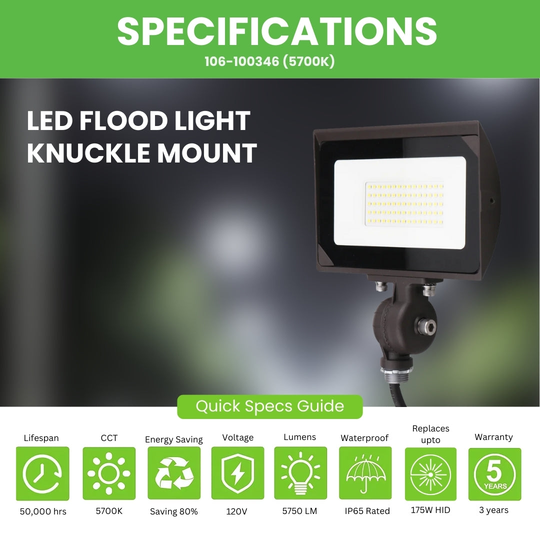 LED Flood Light - 50W - 5750LM -  Knuckle Mount - Landscape - (UL)