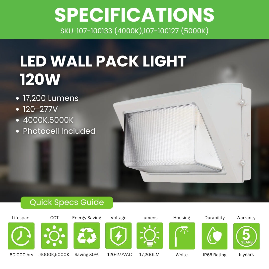 LED Wall Pack Light - 120W - 17,200 Lumens - Photocell Included - SWP5 - Glass Lens - Forward Throw - White - DLC 5.1 Listed