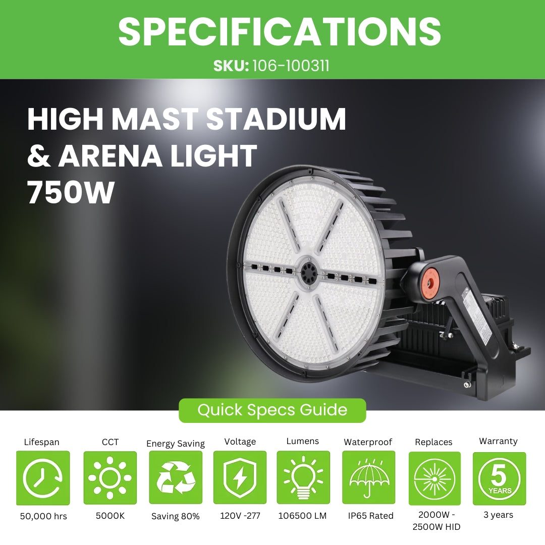 High Mast Stadium & Arena Light - 750W (Wattage Tunable) - Sport Light - (UL+DLC) - 5 Year Warranty