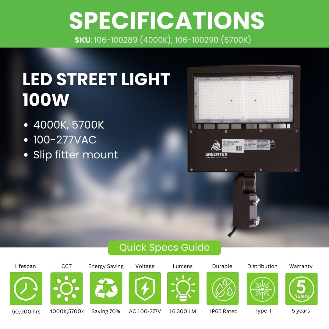 LED Street Light - 100W - 163 LM/W - 16,300 Lumens - Shorting Cap - Slip Fitter Mount - AL4 Series - UL+DLC 5.1