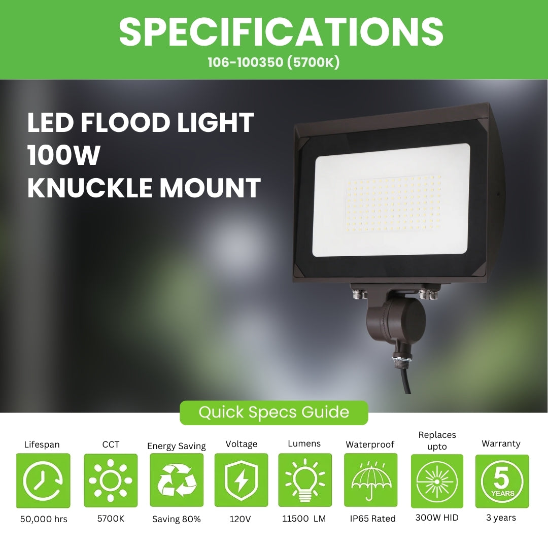 LED Flood Light - 100W - 11500LM -  Knuckle Mount - Landscape - (UL)