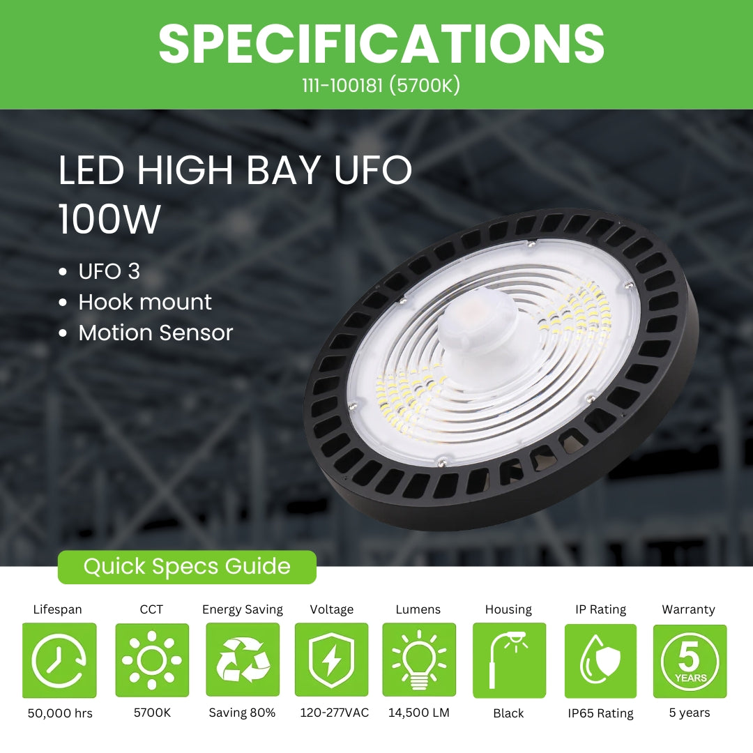 LED High Bay UFO - 100W - 14,500 Lumens - Motion Sensor - UFO3 - Hook Mount - 6kV Surge Protector - UFO Series - UL+DLC5.1