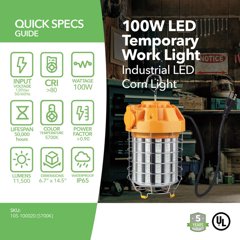 100W LED Temporary Work Light - Industrial LED Corn Light - 11500 Lumens - Hook Mount - Linkable - UL