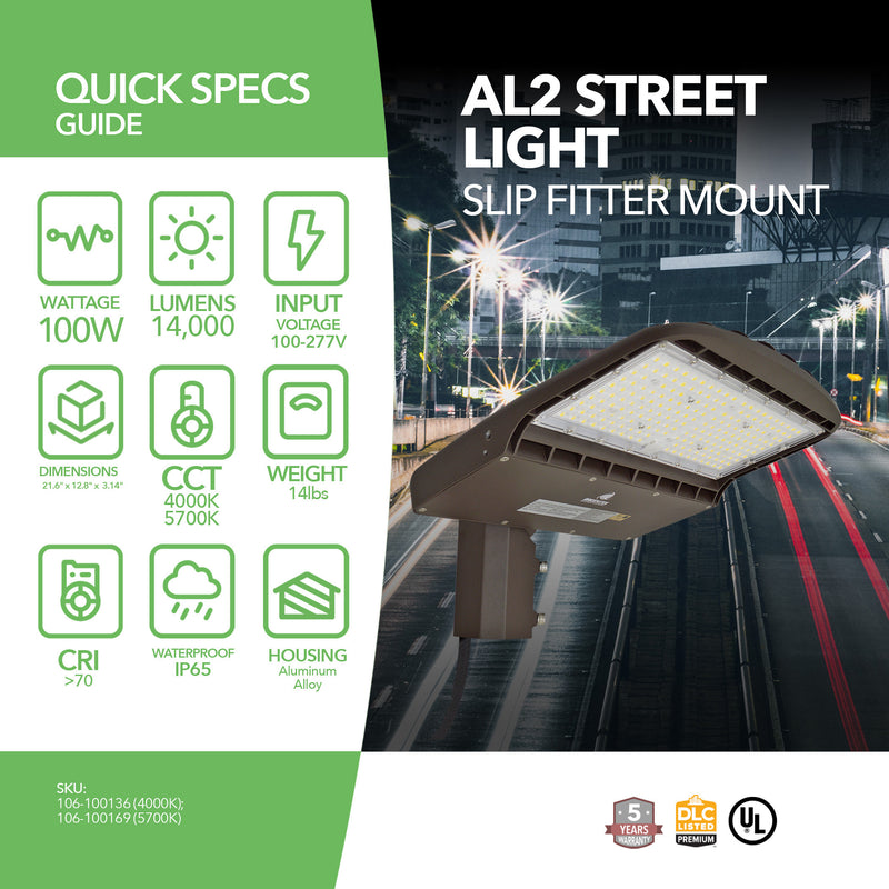 LED Street Light - 100W - 14,000 Lumens - Shorting Cap - Slip Fitter Mount - AL2 Series - UL+DLC
