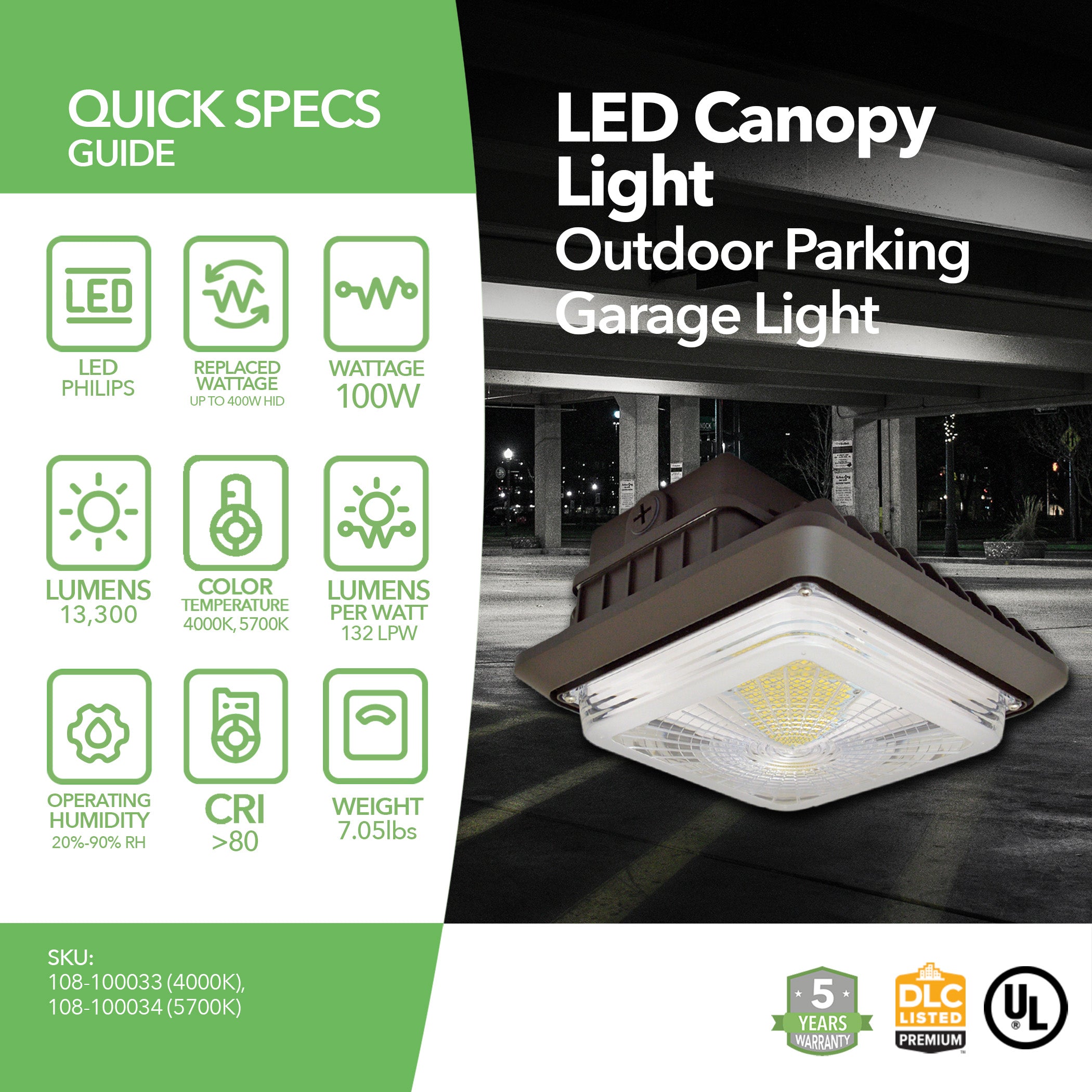 LED Canopy Light - 100W Outdoor Parking Garage Light - Brown - (UL+DLC Listed)