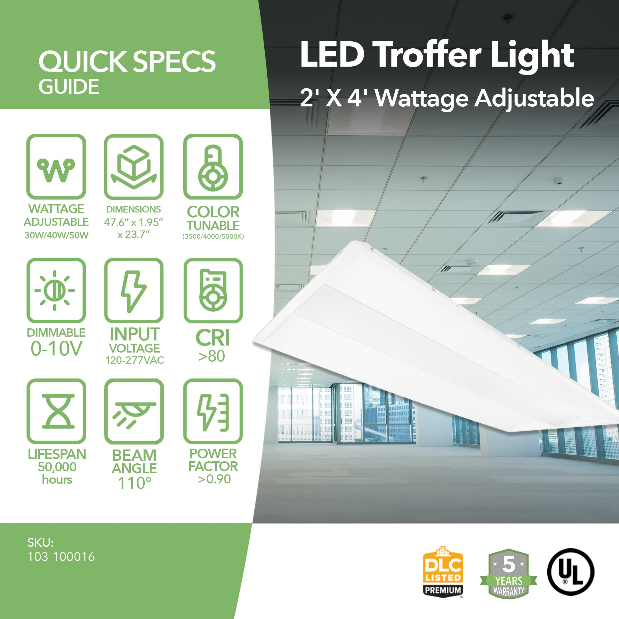 specifications of LED Troffer 2x4