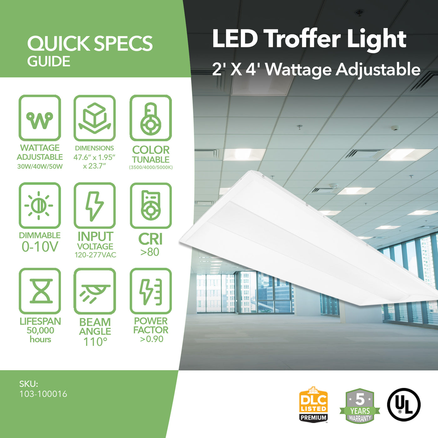 Light Troffer Depths LED Troffer Light - 2' X 4' - 50W - 2 Pack - Wattage Tunable (30W/40W ...