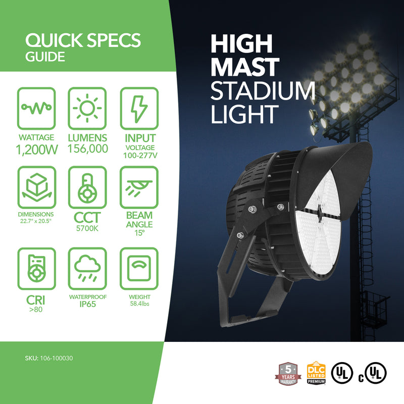 High Mast Led Stadium Light - 1200W - Sport Light - (DLC+UL) - 5 Year Warranty