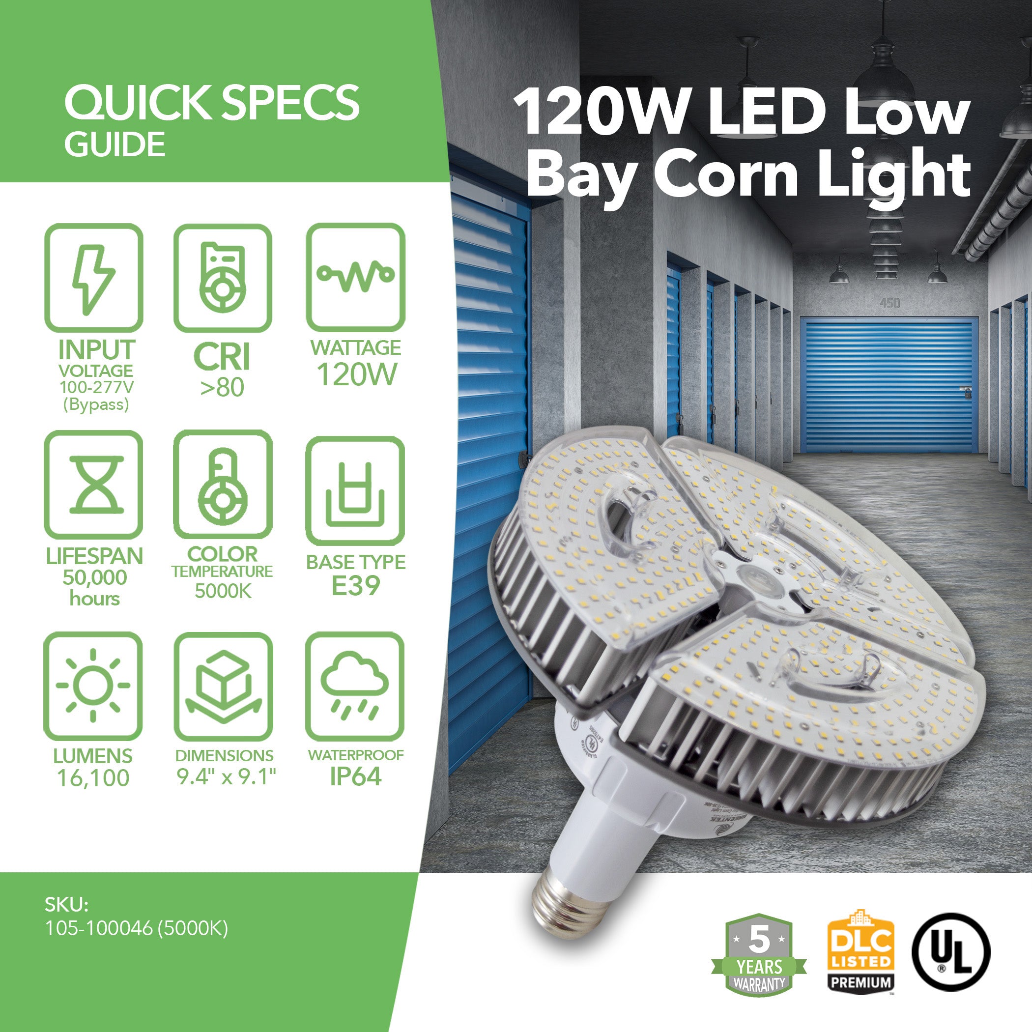 LED High Bay Corn Light - 120W - 16100LM - E39 - 5 Year Warranty - (UL+DLC)