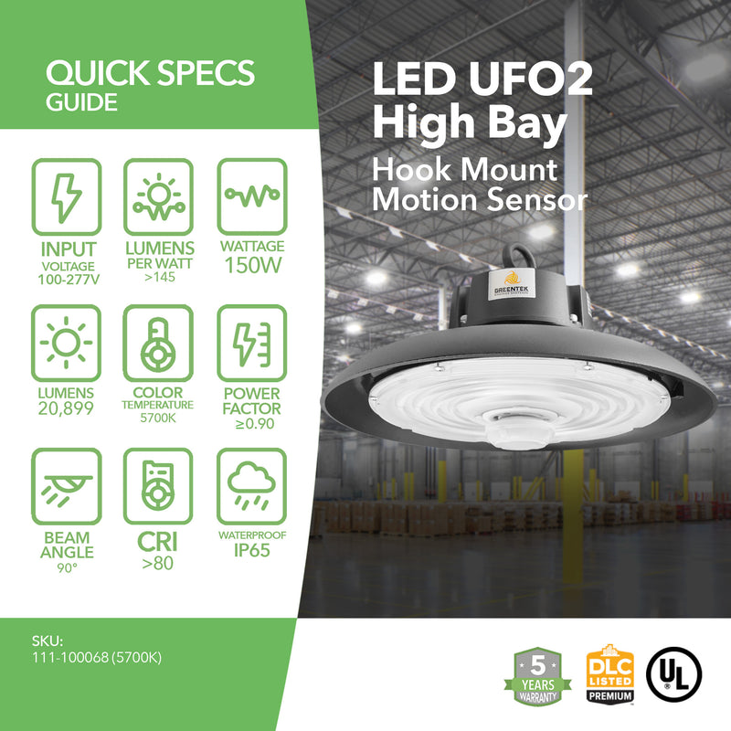LED High Bay - 150W - 20,899 Lumens - Motion Sensor - UFO2 - Hook Mount - 5 Year Warranty - (UL+DLC)
