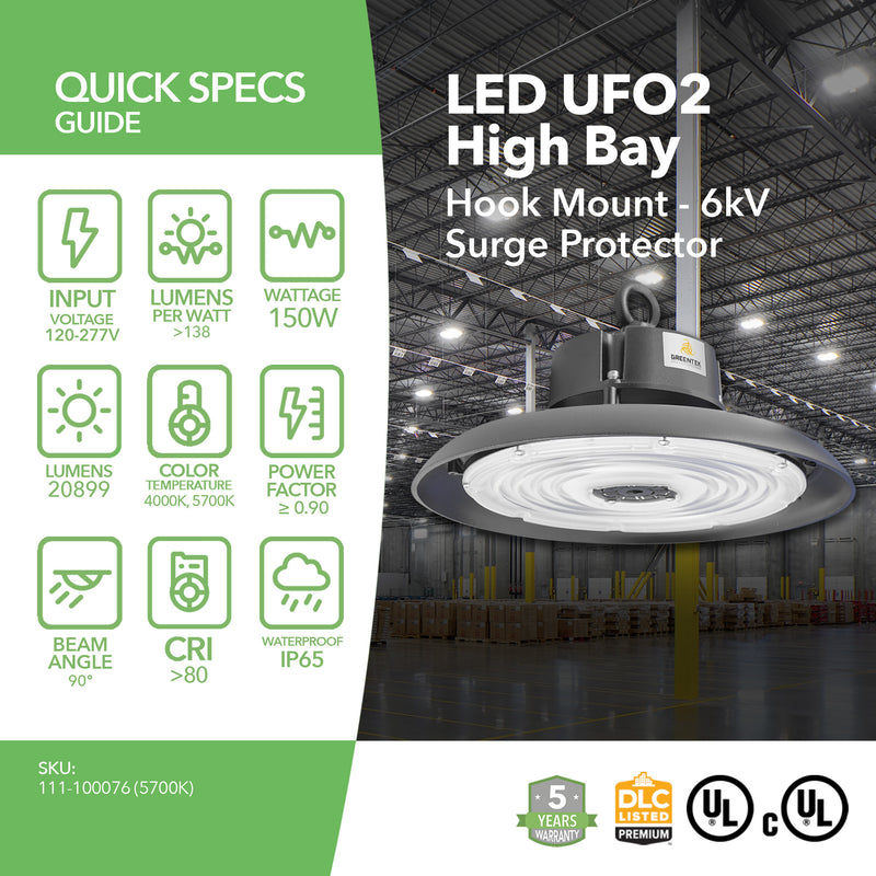 LED High Bay - 150W - 20,899 Lumens - UFO2 - Hook Mount - 6kV Surge Protector - UFO Series - UL+DLC5.1