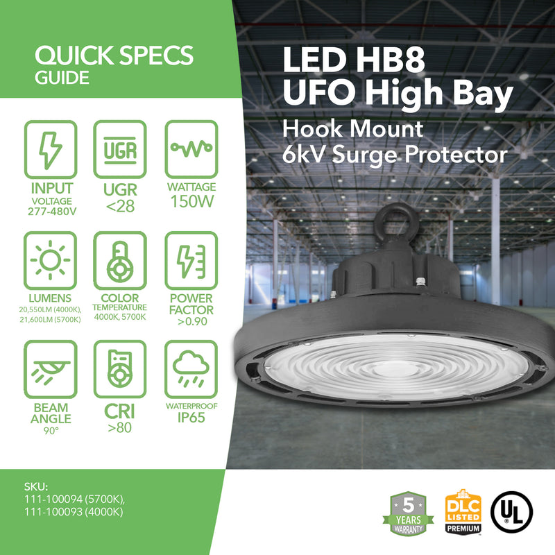 LED High Bay - 150W - 21,600 Lumens - HB8 - High Voltage - Hook Mount - 6kV Surge Protector - UFO Series - UL+DLC5.1