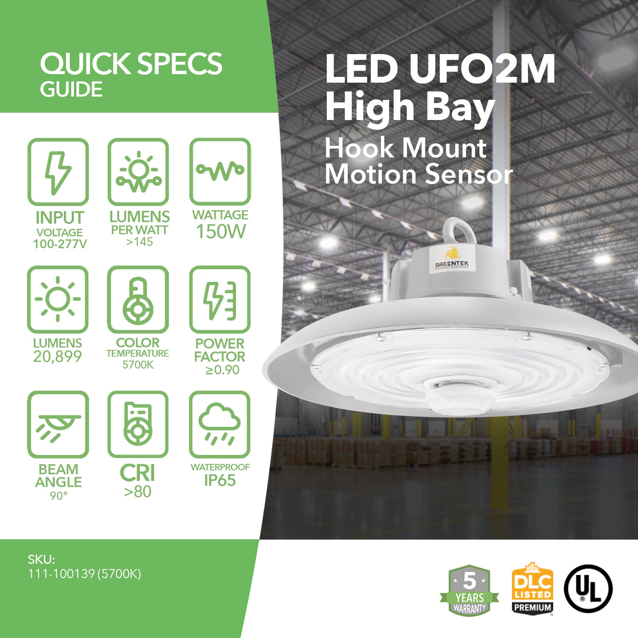 LED High Bay - 150W - 20,899 Lumens - Motion Sensor - UFO2 - Hook Mount - 5 Year Warranty - White - (UL+DLC5.1)