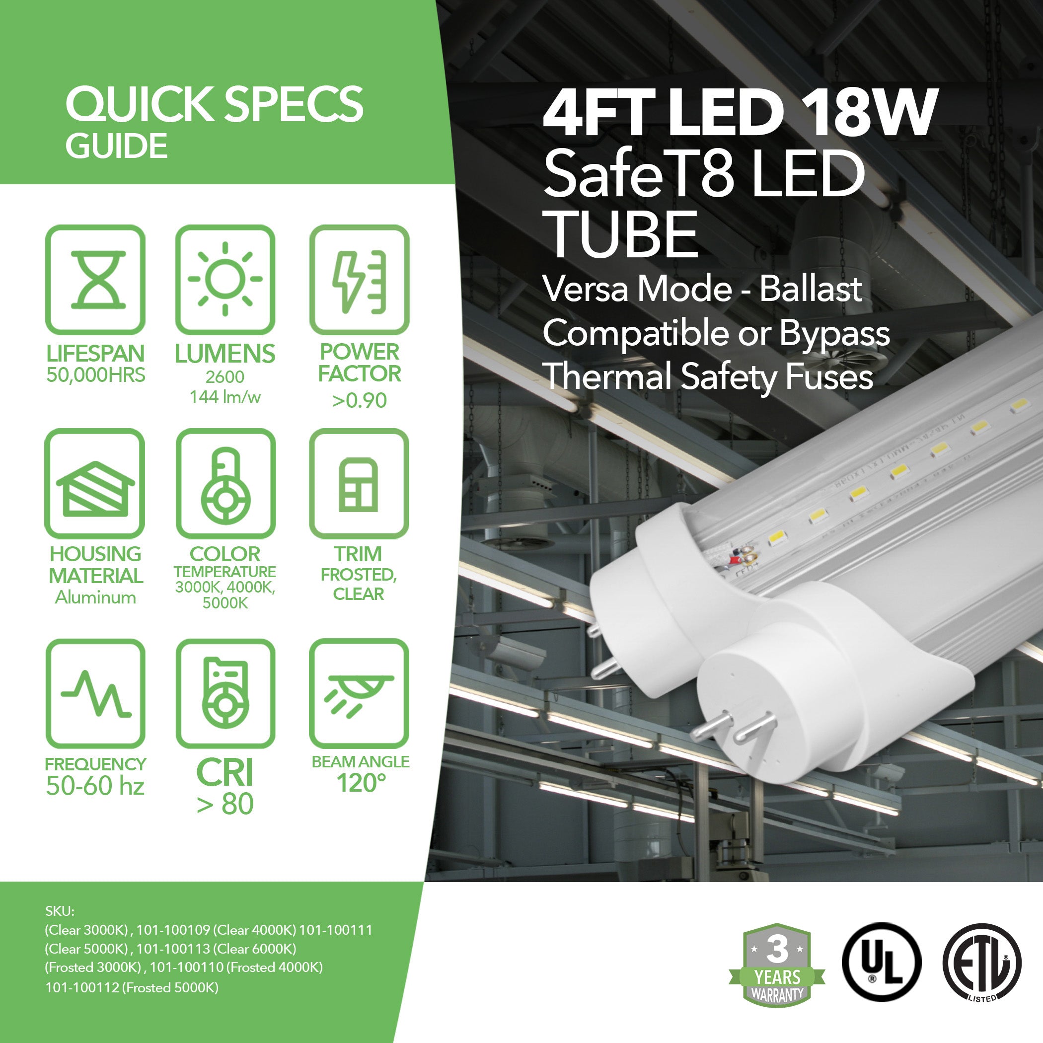 4ft 18W SafeT8 LED Tube - Versa Mode - Ballast Compatible or Bypass - Thermal Safety Fuses - (ETL, UL)