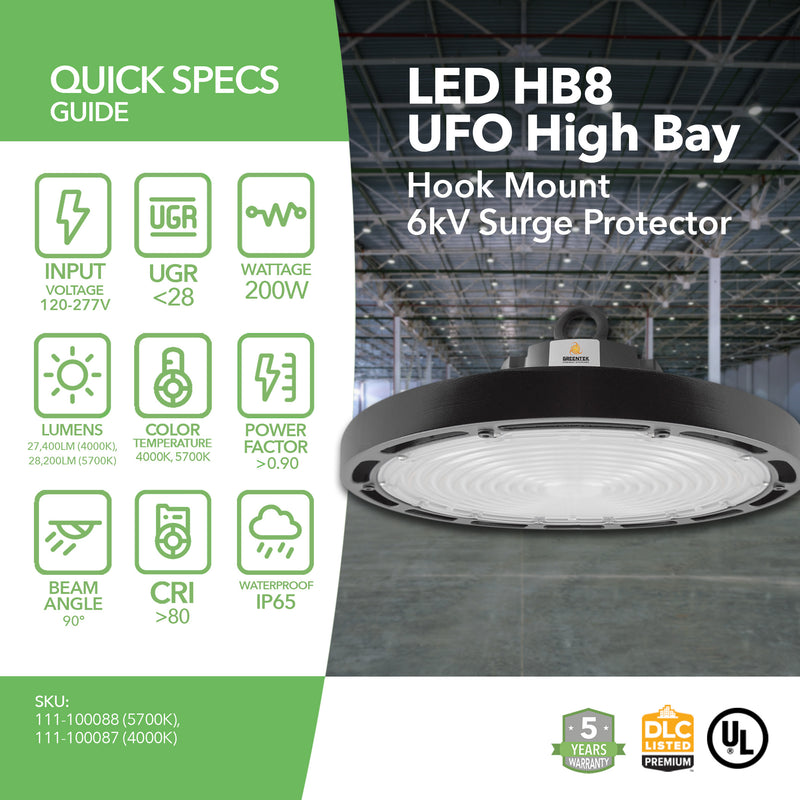 LED High Bay - 200W - 28,200 Lumens - HB8 - Hook Mount - 6kV Surge Protector - UFO Series - UL+DLC5.1