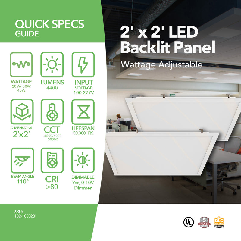 2' x 2' LED Panel Light - 2 Pack - Wattage Adjustable (20W/30W/40W) and Color Tunable (3500/4000/5000K)- Dimmable - (ETL+ DLC 5.1)