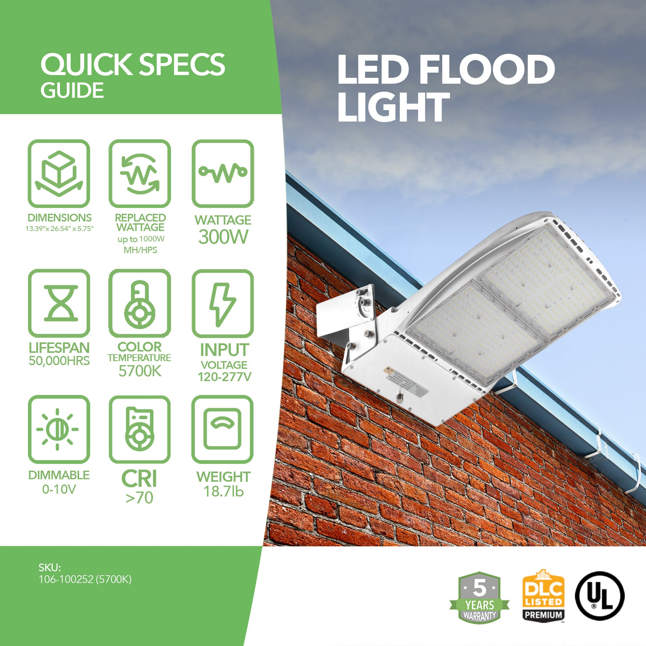 300W LED Flood Light - 40,500 Lumens - Type III - 5700K - Flood Mount - White - IP65 - DLC 5.1 Listed - 5 Year Warranty