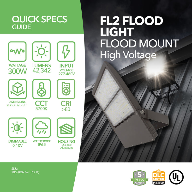 300W LED Flood Light - Flood Mount - FL2 - 6kV Surge - High Voltage - DLC Listed - 5 Year Warranty