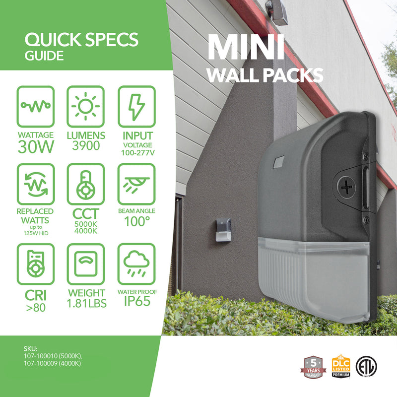 30W LED Mini Wall Pack Light - With Photocell - (ETL + DLC)