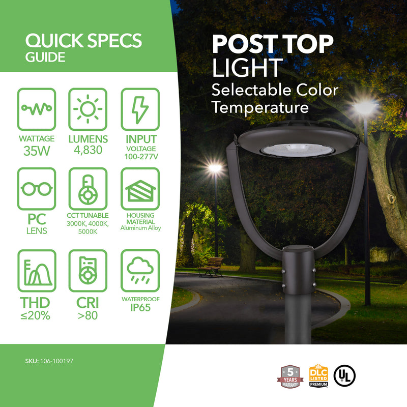 LED Post Top Light - Selectable Color Temperature - 35W - Bronze - Shorting Cap