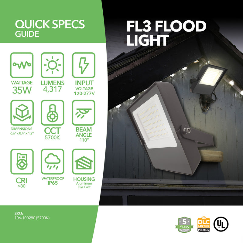 LED Flood Light - FL3 - 35W - 4317lm - Flood Mount - (UL+DLC)