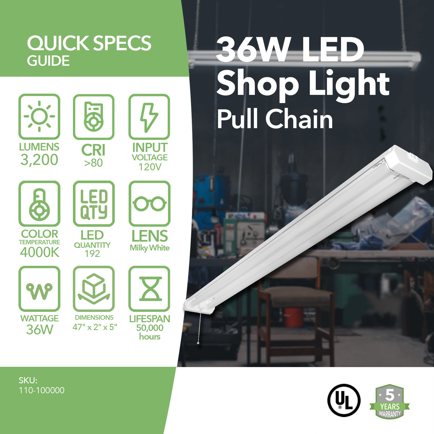 4ft LED Shop Light - 36W - Linkable - Pull Chain - (UL) – Green Light Depot
