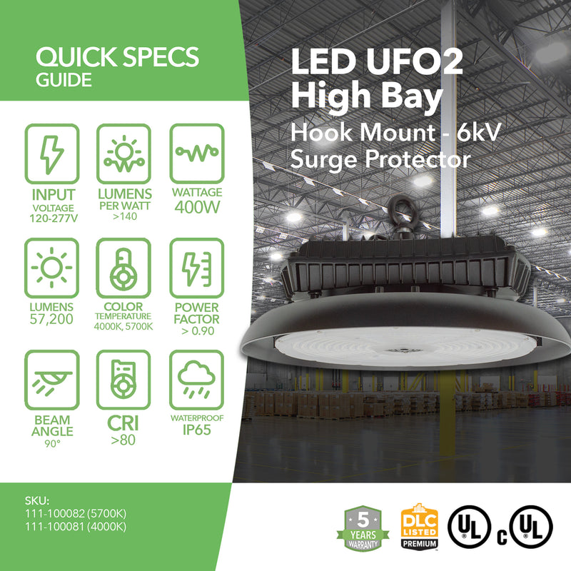 LED High Bay - 400W - 57,200 Lumens - UFO2 - Hook Mount - 6kV Surge Protector - UL+DLC5.1