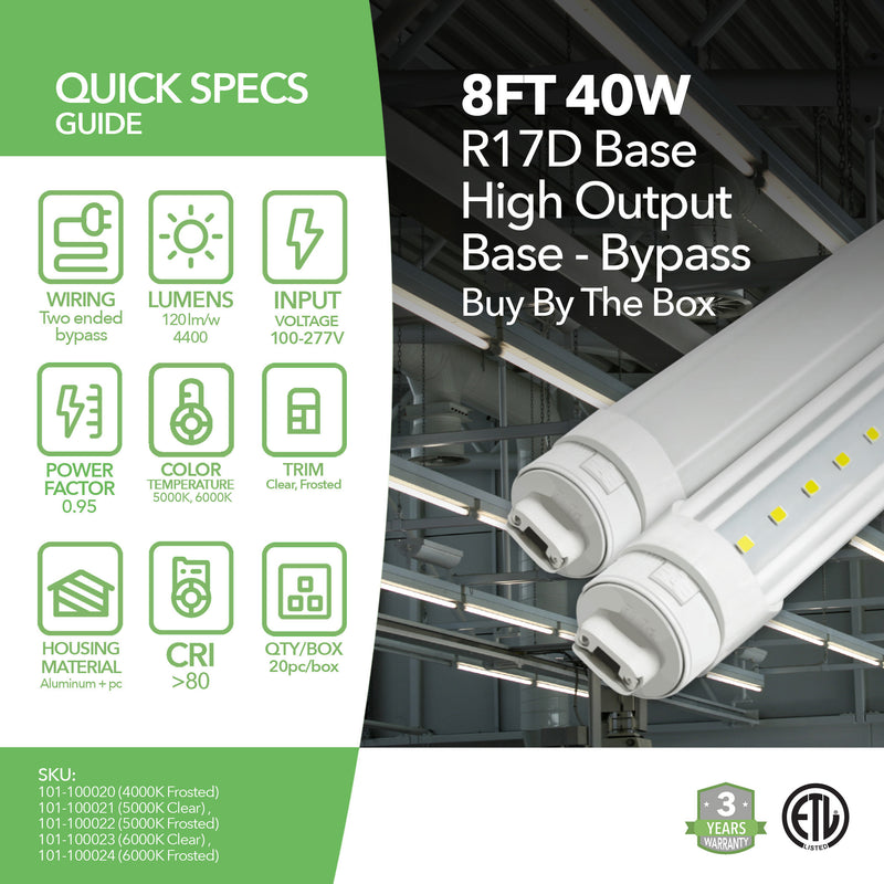 8ft 40W LED Tube - R17D Base - 20 Pack - High Output Base - Bypass ...