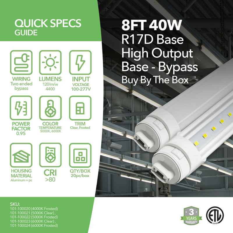 8ft 40W LED Tube - R17D Base - 20 Pack - High Output Base - Bypass - (ETL)