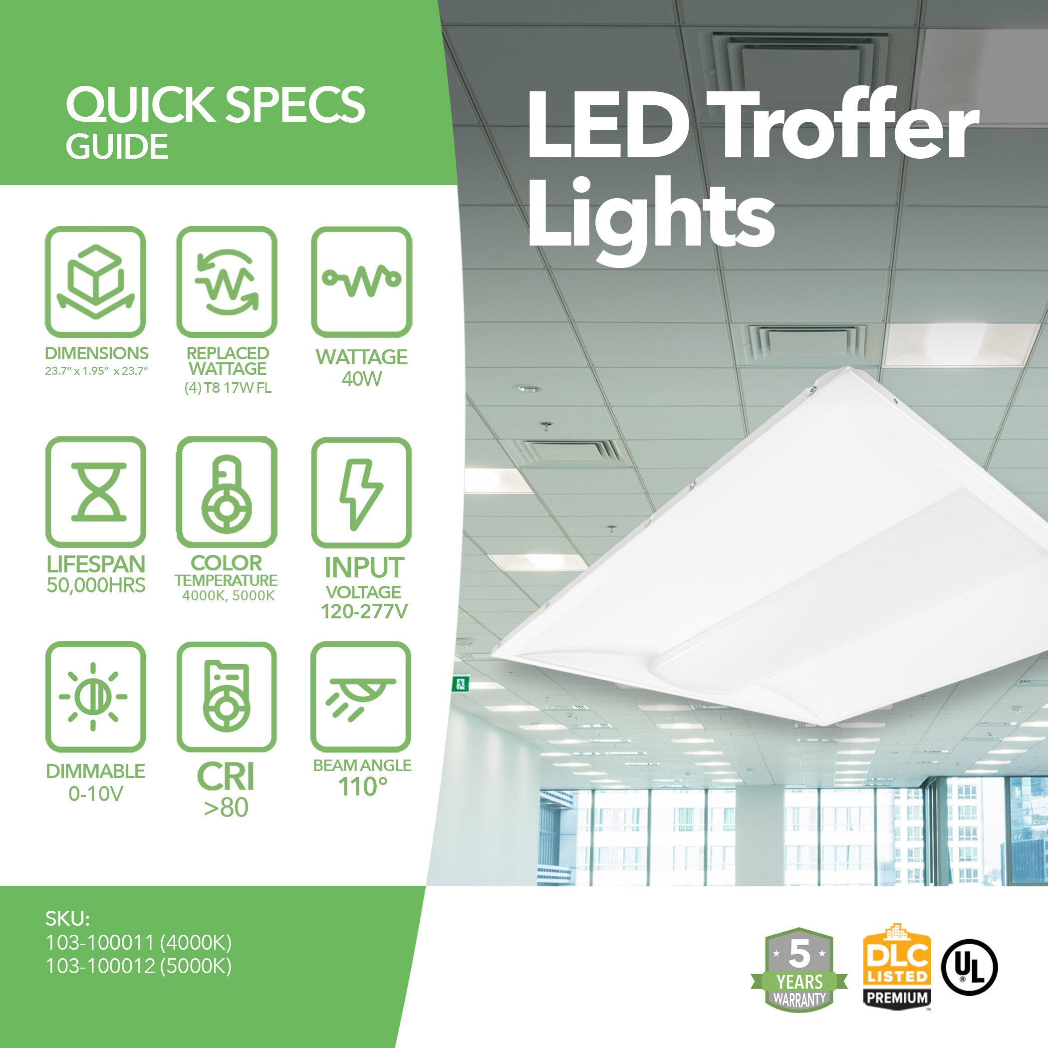 LED Troffer Light - 2' X 2' - 40W - 2 Pack - Dimmable - (UL + DLC 5.1)