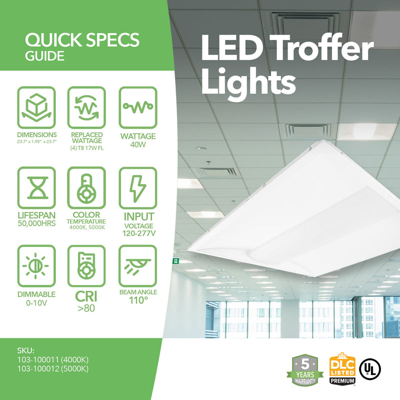 LED Troffer Light - 2' X 2' - 40W - 2 Pack - Dimmable - (UL + DLC 5.1)