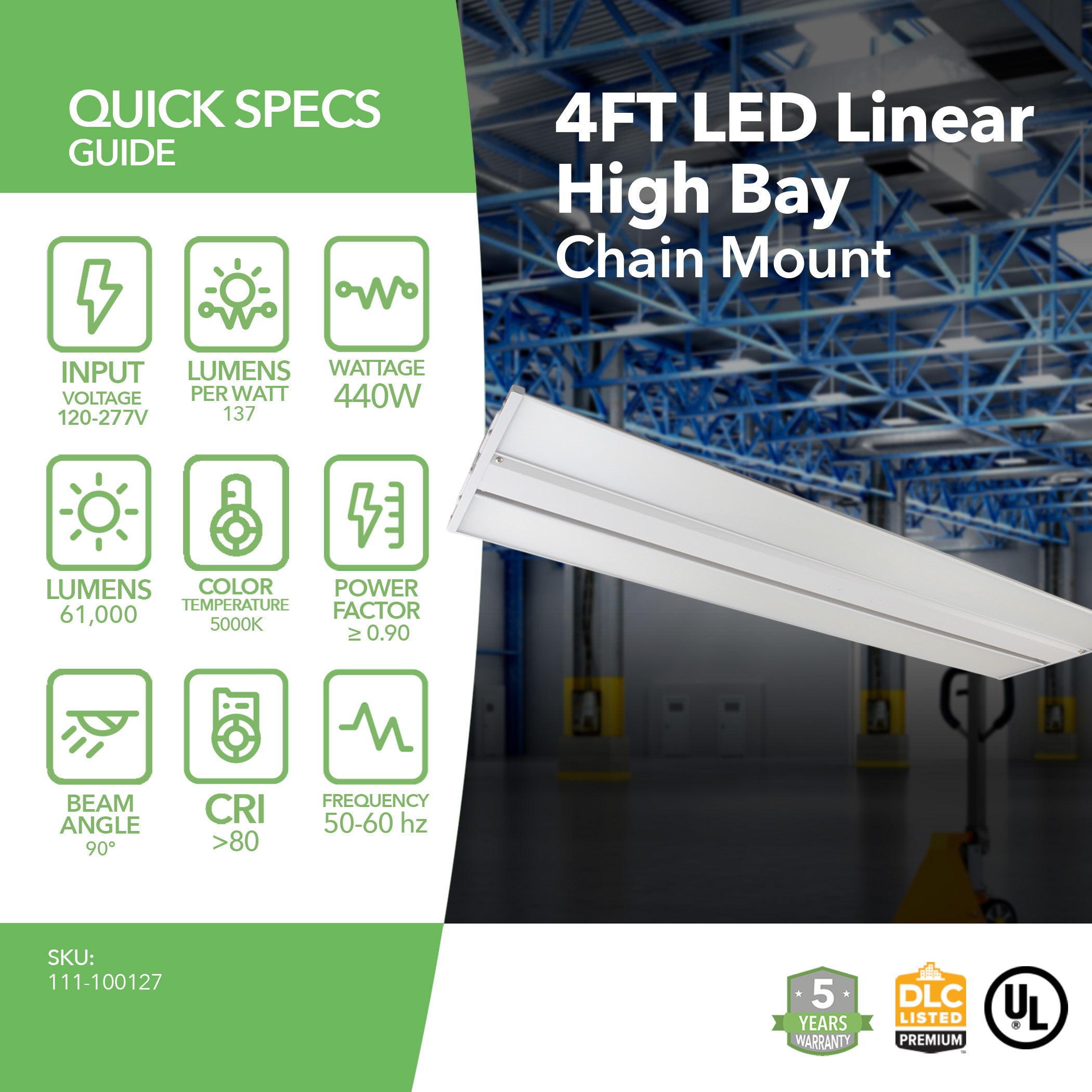 4ft LED Linear High Bay - Frosted Lens - 440W - 61,000 Lumens - Chain Mounting - (UL+DLC)