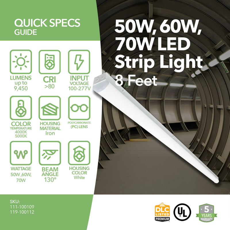 8ft LED Strip Light - Selectable Wattage - 50W 60W 70W - 9,450 Lumens - UL, DLC