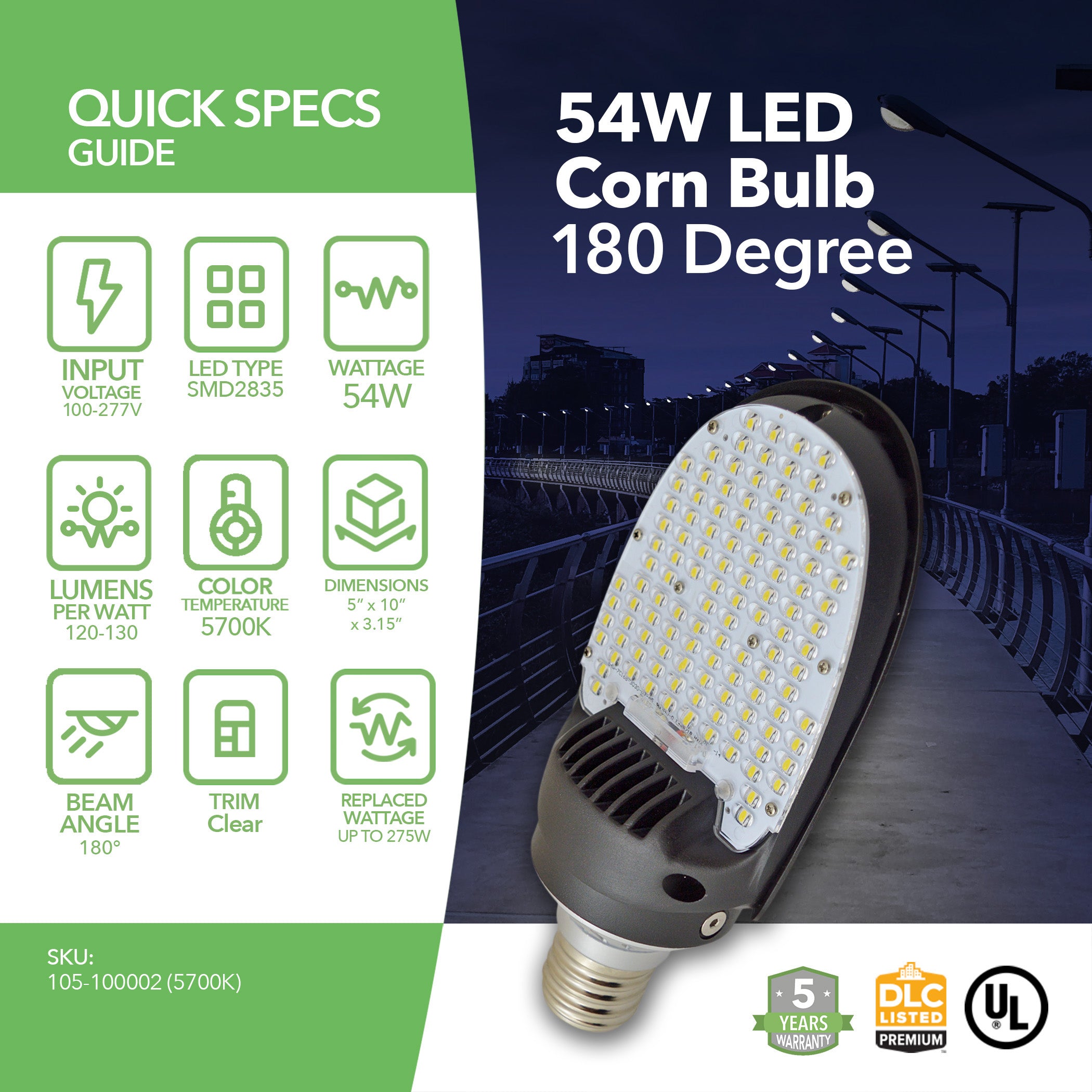 54W LED Corn Bulb -E39- (UL+DLC) - 180 Degree - 5 Year Warranty