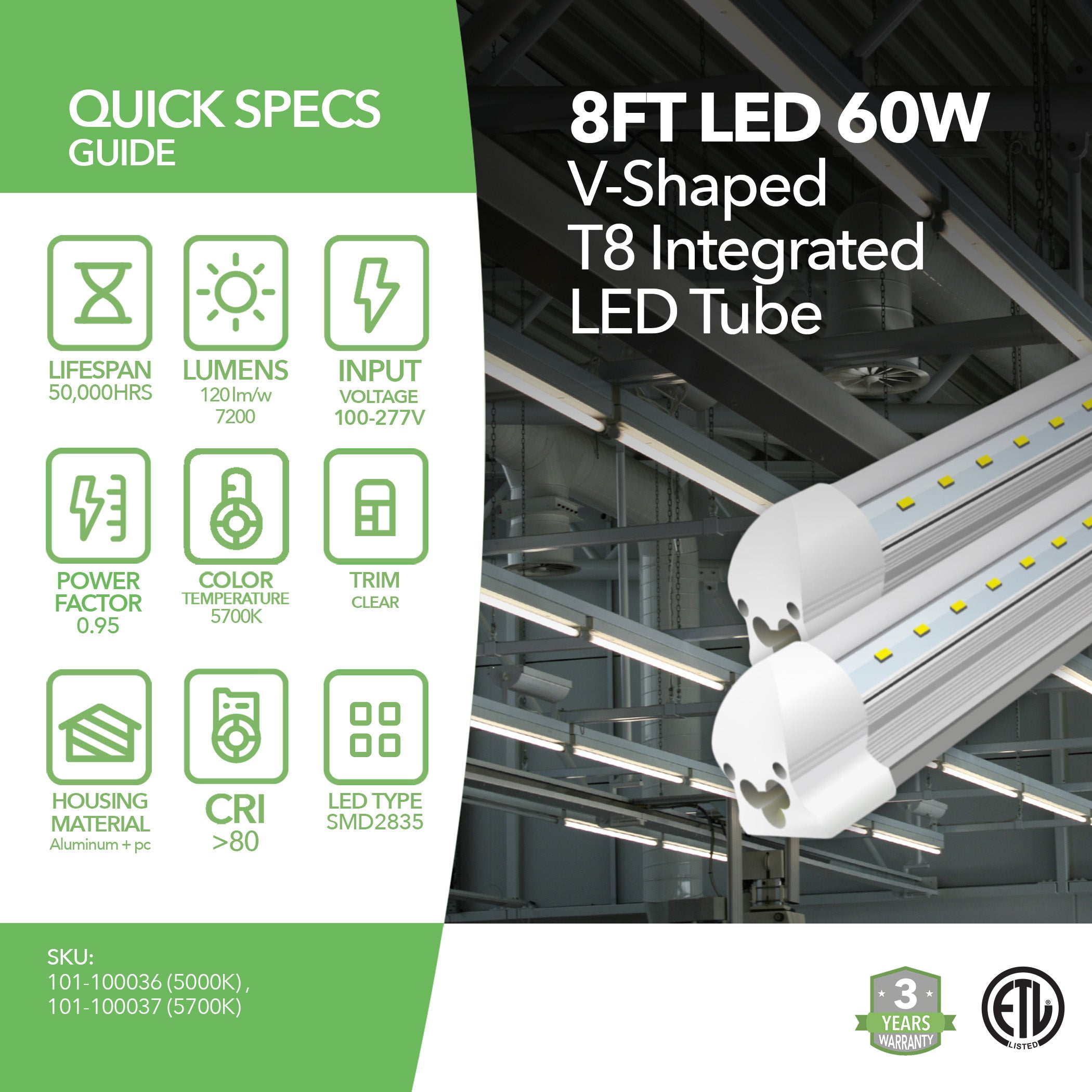 60W 8ft V-Shaped T8 Integrated LED Tube - Clear