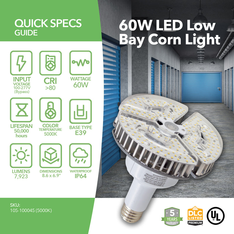 LED Low Bay Corn Light - 60W - 7923LM - E39 - 5 Year Warranty - (UL+DLC)