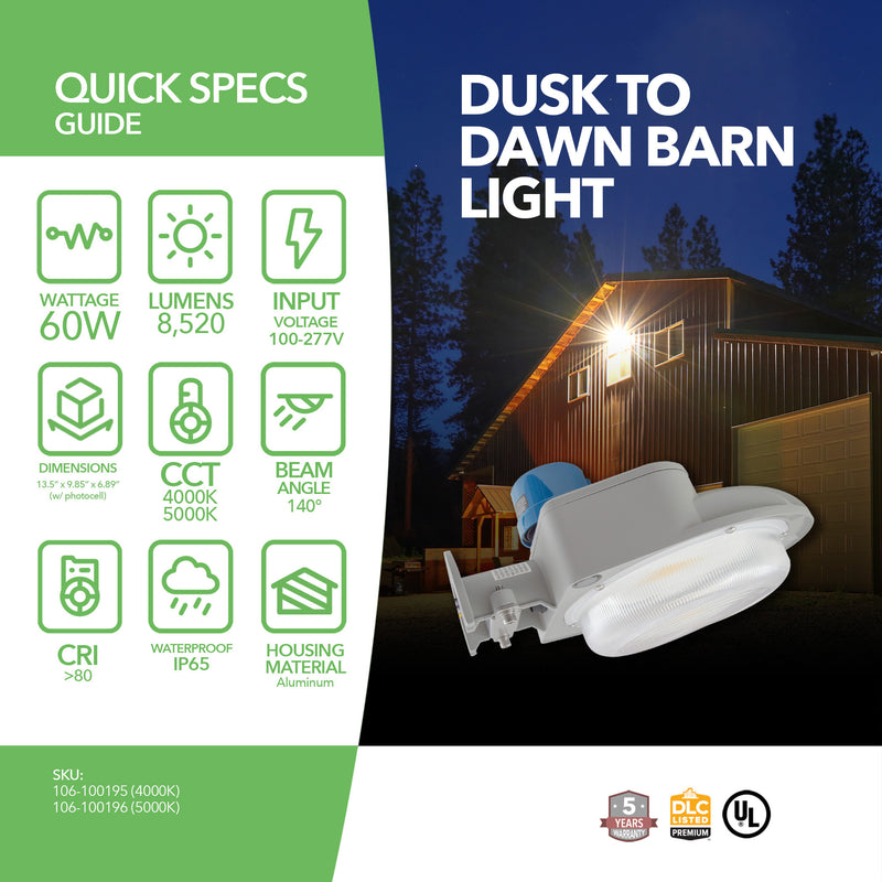 LED Dusk to Dawn Barn Lights - D2D - Outdoor Security Light LED - 60W - 8,400 Lumens - Photocell Included - (UL+DLC 5.1)