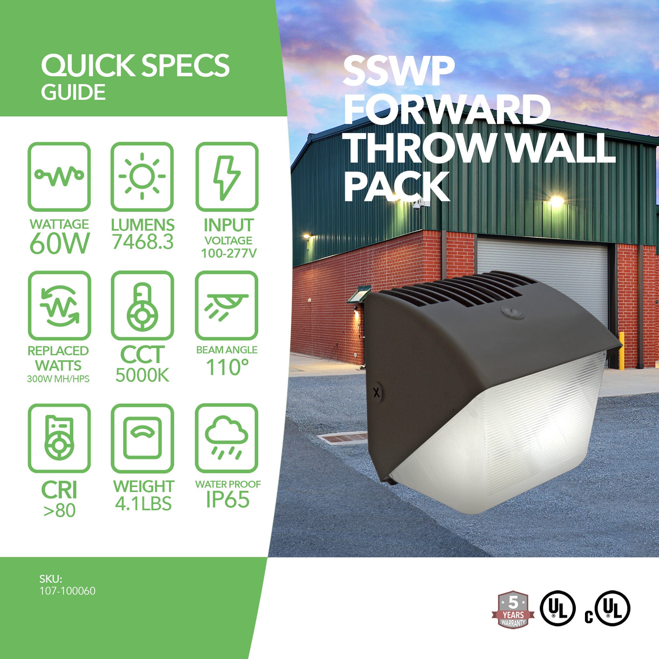 60W LED Wall Pack Light - Photocell Included - Forward Throw - UL Listed