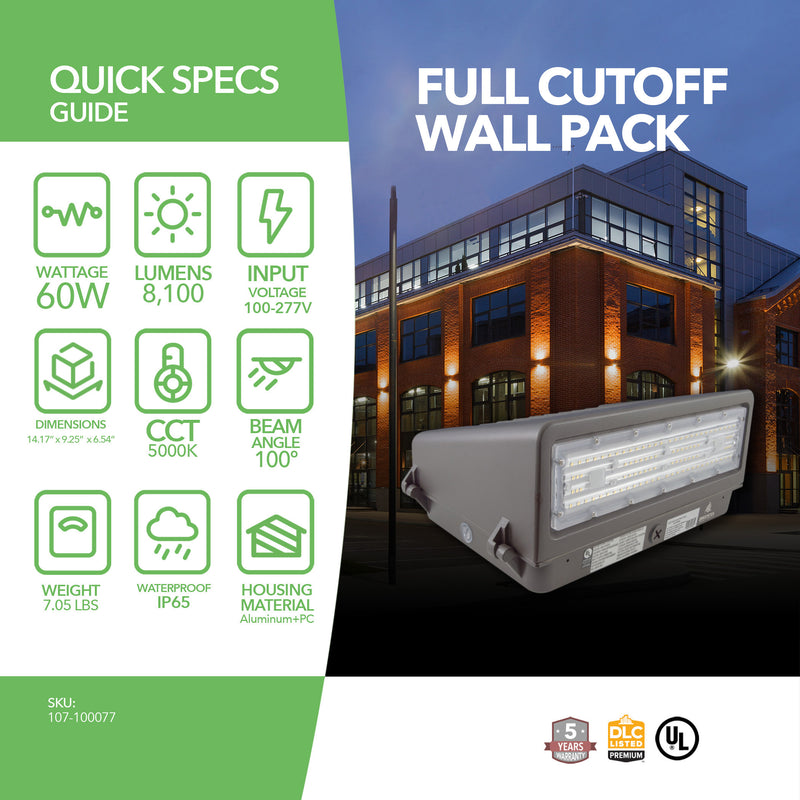 60W LED Wall Pack Light - Full Cutoff - New Dark Sky - Photocell Included - DLC Listed