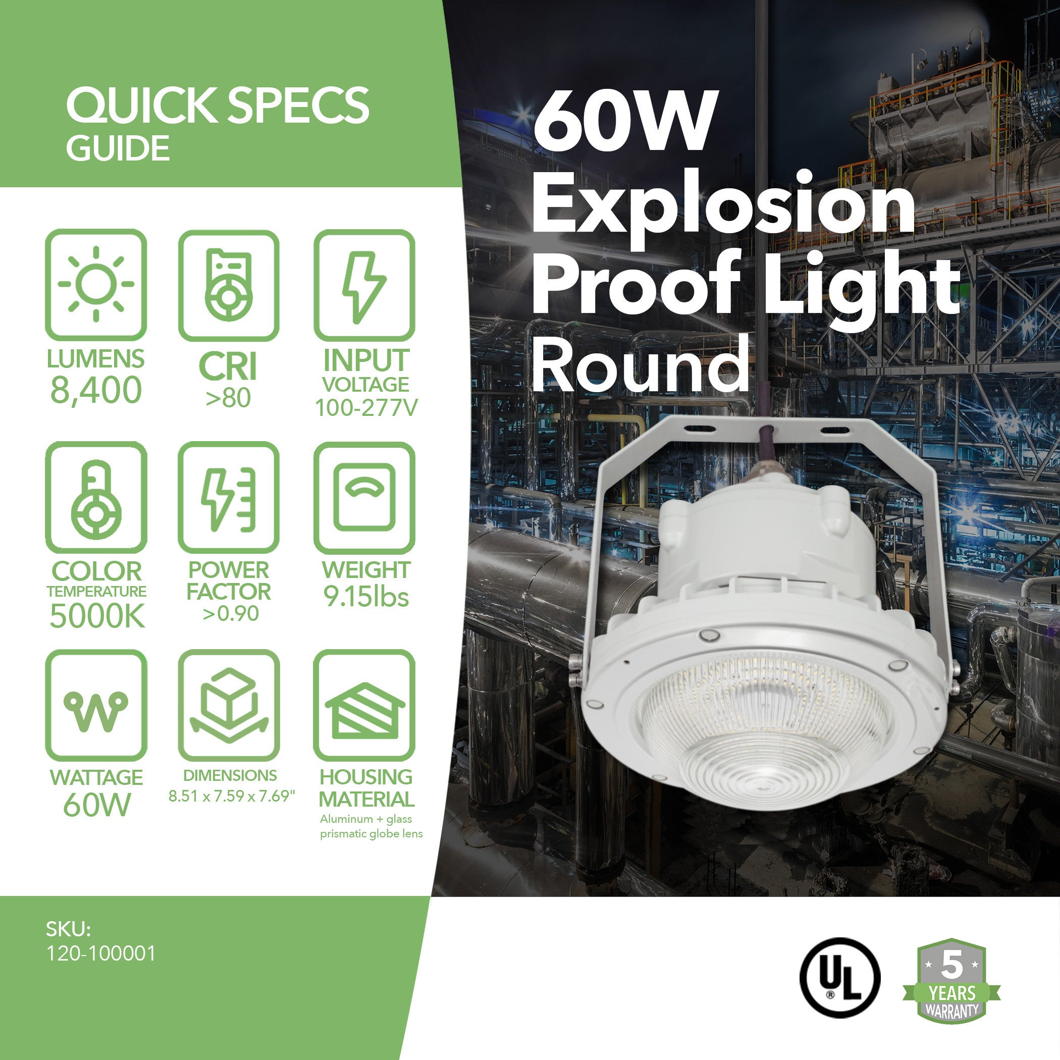 60W LED Explosion Proof Light for Class I Division 2 Hazardous Locations - 7400 Lumens - 175W HID Equivalent