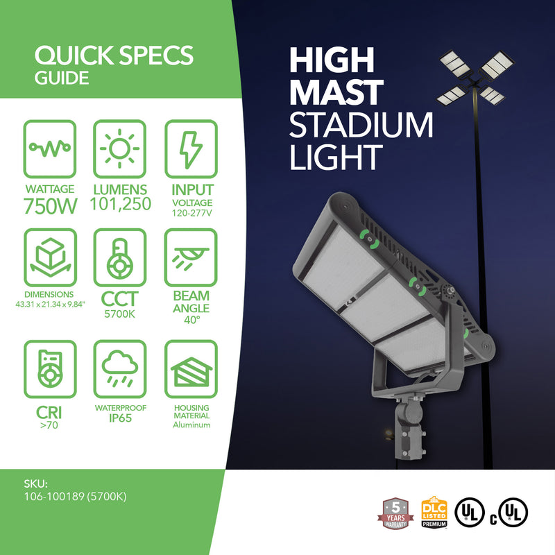 750W LED High Mast Stadium Light - 101,250 Lumens - 5 Year Warranty